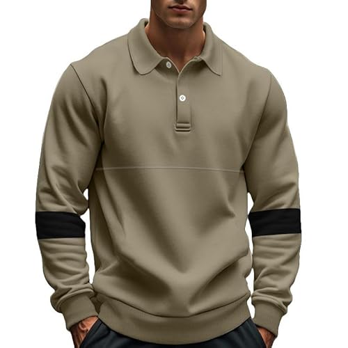 CLXLYU Langarm Polo-Shirt Retro-Lappelknopf Herren-T-Shirt Lose Farbe Mit Großer Größe Langarmpolo-Hemd Entspricht-Khaki-M von CLXLYU