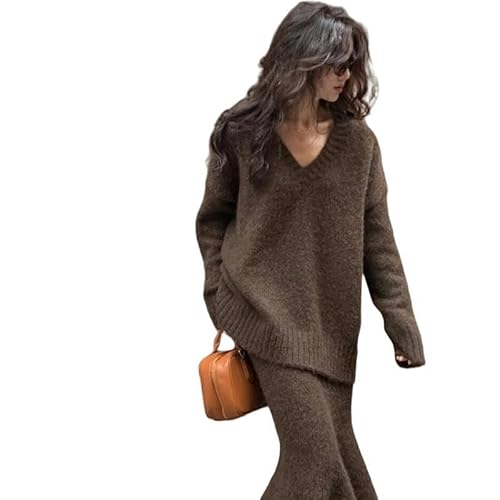 CLXLYU Pullover Kleid Damen-Freizeitkleid V-Ausschnitt Mit Zweiteiliger Gestrickter Sweater Maxi Kleid Langarm-Braun-L von CLXLYU