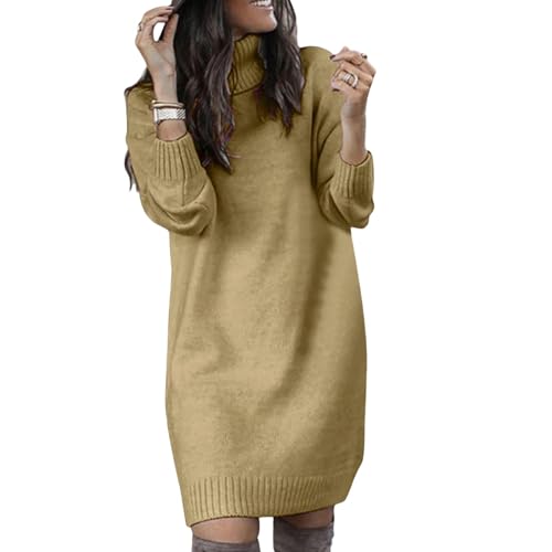 CLXLYU Pullover Kleid Frauen Loser Pullover Kleid Knielange Kleidung Langärmelige Herbst-Roll-Hals-Pulloverkleid-Khaki-S von CLXLYU