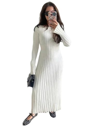 CLXLYU Pullover Kleid Herbst Und Winter Gestrickt Long Kleid Frauen Lässige, Enge, Rippte Pullover Schlanker Kleid Von Frauen-White-L von CLXLYU