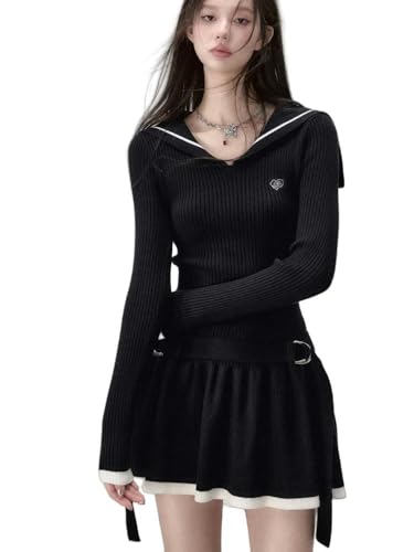 CLXLYU Pullover Kleid Preppy Style Vintage Strickkleid Frauen Feste Farbe Retro Party Mini Kleid Pullover Kleid-Black-M von CLXLYU