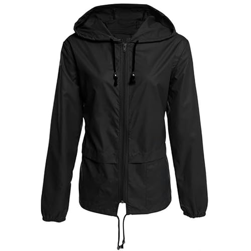 CLXLYU Regenjacke Damen Regenmantel Reißverschluss Kapuze -Jacke Outdoor Freizeit Dünne Regenmanteljacke Mantel-Schwarz-XL von CLXLYU