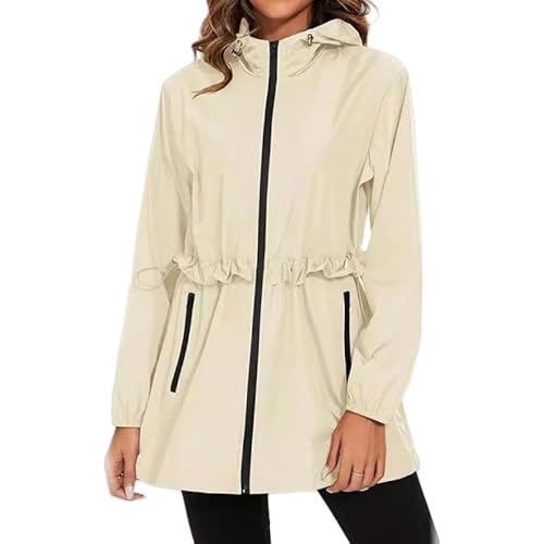 CLXLYU Regenjacke Mode Frauen Regendichte Tops Jacke Im Freien Regenfeste Kapuze -Windbreaker Mit Taschen Mit Taschen-Cremefarben-M von CLXLYU