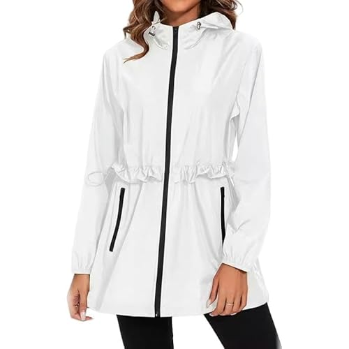 CLXLYU Regenjacke Mode Frauen Regendichte Tops Jacke Im Freien Regenfeste Kapuze -Windbreaker Mit Taschen Mit Taschen-Weiß-L von CLXLYU