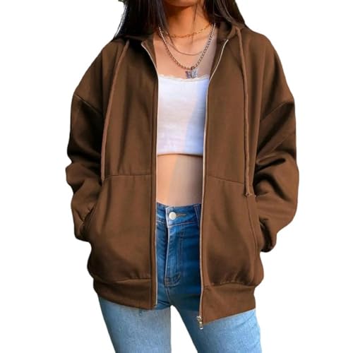 CLXLYU Reißverschluss Kapuzenpullover Frauen Sweatshirt Jacke Kleidung Reißverschluss Übergroße Hoodies Lässig Losen Hoodie Vintage Pullover-Kaffee-2Xl von CLXLYU