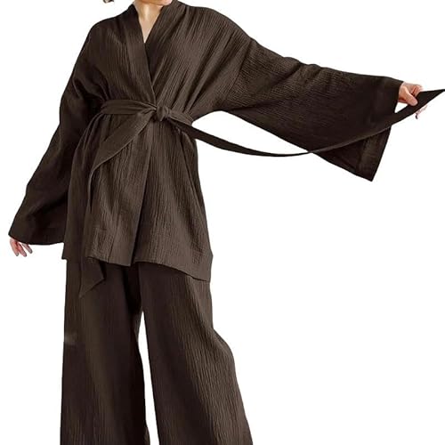 CLXLYU Schlafanzug Damen Kimono Pyjamas Langarm Und Lange Hosen Frauenpyjama Setzen Frauenkleidung Für Frauen-Braun-S von CLXLYU