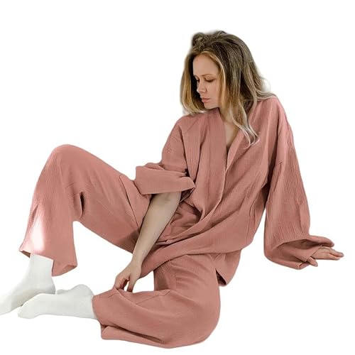 CLXLYU Schlafanzug Damen Kimono Pyjamas Langarm Und Lange Hosen Frauenpyjama Setzen Frauenkleidung Für Frauen-Hellbraun-L von CLXLYU