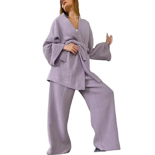 CLXLYU Schlafanzug Damen Kimono Pyjamas Langarm Und Lange Hosen Frauenpyjama Setzen Frauenkleidung Für Frauen-Lila-M von CLXLYU