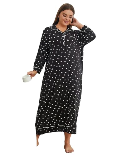 CLXLYU Schlafanzug Damen Plus Size Women's Nightkide Notch Neck Pyjama Kleid Langarm Herbst Home Kleidung-Schwarz-2Xl von CLXLYU