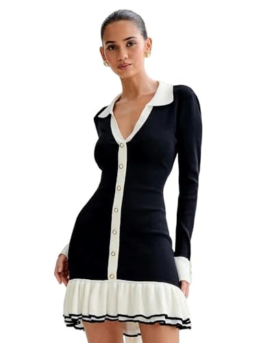 CLXLYU Strickkleid Damen Rüschenschuhe Strick Mini Kleid Zurückless Kontrastfarbe Farbe Strickjacke Schnürkleid Kleid-Schwarz-M von CLXLYU