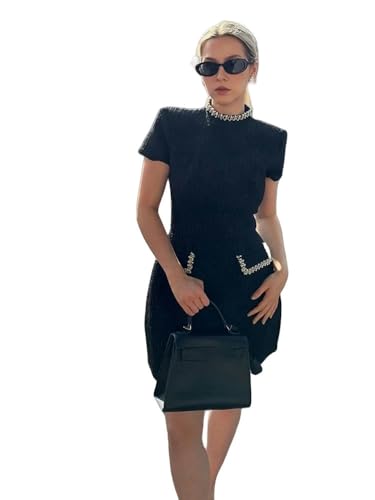 CLXLYU Strickkleid Frauen Eleganter Tweed A-Line-Kleid Schlanke Gepolsterte Gepolsterte Schultern Kurzärmel Parteikleid-Schwarz-XL von CLXLYU