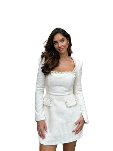 CLXLYU Strickkleid Frauen Eleganter Tweed A-Line-Kleid Schlanke Gepolsterte Gepolsterte Schultern Kurzärmel Parteikleid-Weiss-L von CLXLYU