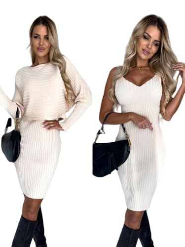 CLXLYU Strickkleid Frauen Mode Langarm Gestrickter Pullover Und Kleidertuchs-Set Warmes Bodycon-Kleid-Set-Beige-2Xl von CLXLYU