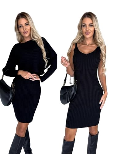 CLXLYU Strickkleid Frauen Mode Langarm Gestrickter Pullover Und Kleidertuchs-Set Warmes Bodycon-Kleid-Set-Schwarz-L von CLXLYU