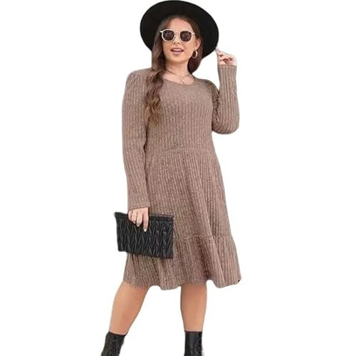 CLXLYU Strickkleid Herbst Und Winter Gestreiftes Pullover Kleid Rundes Nacken Gestricktes Pulloverkleid-Khaki-S von CLXLYU