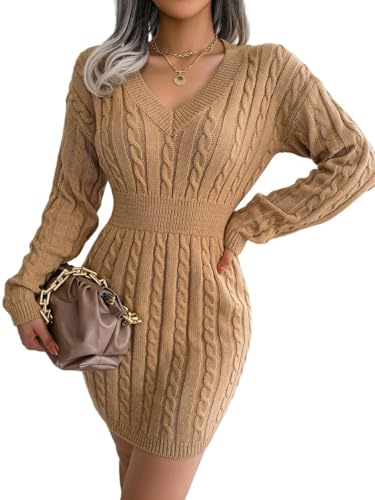 CLXLYU Strickkleid Herbst- Und Winterkleidung Für Frauen, Taillenhanfblumenwicke, Gesäß Und Haarkleidung-Khaki-M von CLXLYU