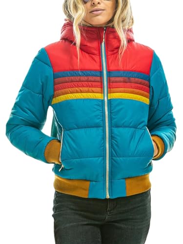 CLXLYU Winterjacke Frauen Lässig Mit Kapuze Gedruckter Kurzer Baumwolljacke Modische Lässige Outdoor -Baumwollkleidung Im Freien-See Blau+Rot-XL von CLXLYU