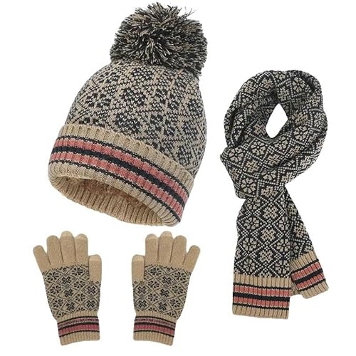 CLXLYU Wintermütze Damen 3 Teile Winter Dicke Strickhutschalhandschuhe Set Jacquard Strickhut, Handschuhe, Schal -Set-B-Eine Größe von CLXLYU