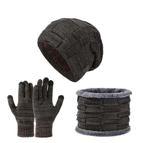 CLXLYU Wintermütze Damen Warmer Winter-Woll-Strickhut, Schal Und Touchscreen-Handschuhe 3-Teiliges Set Für Männer Und Frauen-Braun von CLXLYU