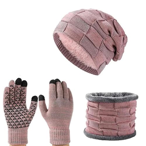 CLXLYU Wintermütze Damen Warmer Winter-Woll-Strickhut, Schal Und Touchscreen-Handschuhe 3-Teiliges Set Für Männer Und Frauen-Rosa Rot von CLXLYU