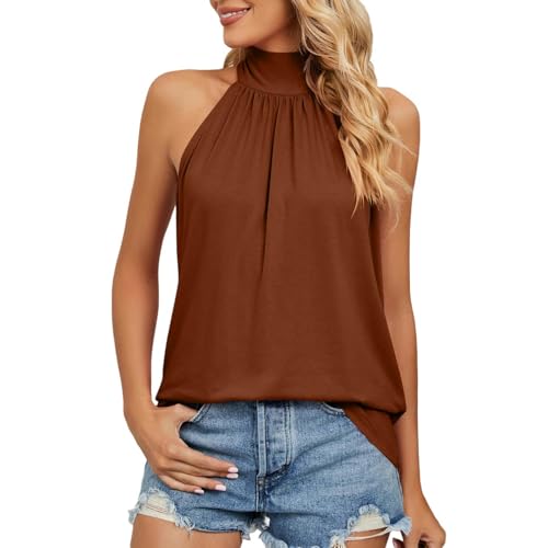 Cami Top Damen Damen Top Ärmellose Neck Bluse Mit Krawatten Lose Casual Mode Falten T-Shirt-Braun-M von CLXLYU