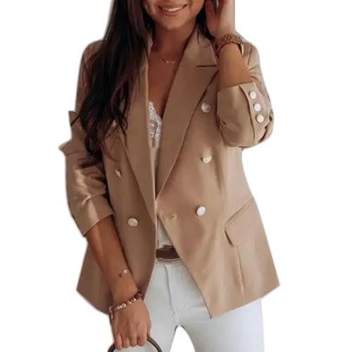 Damen Blazer Frauen Stilvoller Plus-Size-Jacke Casual Blazers Jacke Anzug Mantel Doppelreihe Blazer-Khaki-XL von CLXLYU