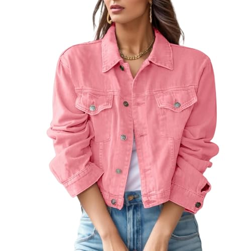 Damen Jeansjacke Damen -Denimjacke Casual Short Denim Jacke Version Süße Frauenjacke Streetwear-Rosa-M von CLXLYU