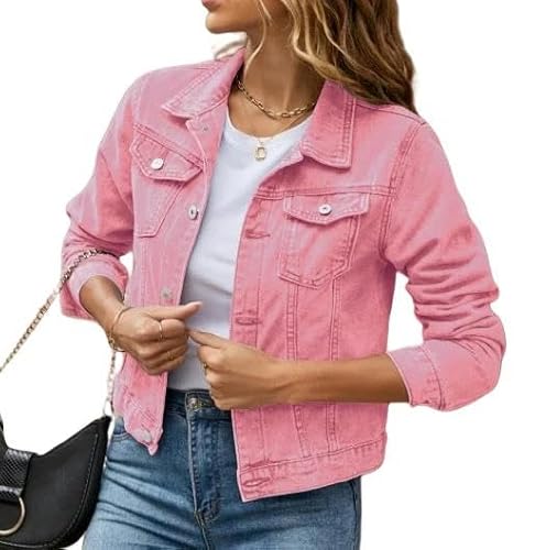 Damen Jeansjacke Frauen Mode Slim Lapel Denim Frauen Kleidungsbekleidungsmantel Frauen Jacke Casual Mode Jacken-Rosa-XL von CLXLYU