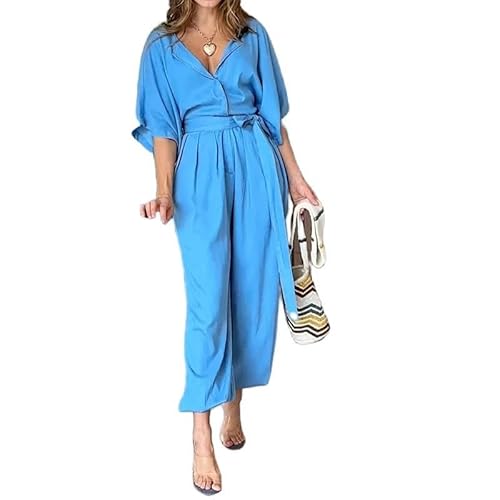 Damen Jumpsuit Frauen Mode Overall Casual Short Sleeve Revers Lupe Strecke Lose Faltenhose Jumpsuit-Blue-S von CLXLYU