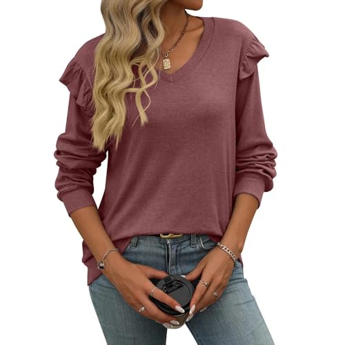 Damen Langarm Oberteile Frauen Langarm Tops Weibliche Lässige Flughülle V-Ausschnitt-T-Shirt Mit Hülle Casual Tops-Lila-XL von CLXLYU