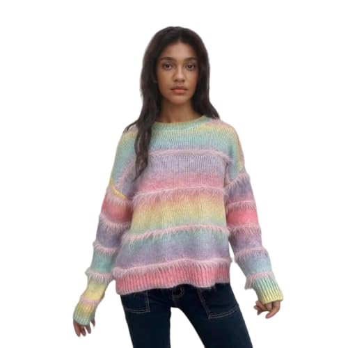 Damen Pullover Damen Gestrickte Verlaufsstreizpullover Retro Casual Fashion Pullover Runder Nackenpullover-Rosa-S von CLXLYU