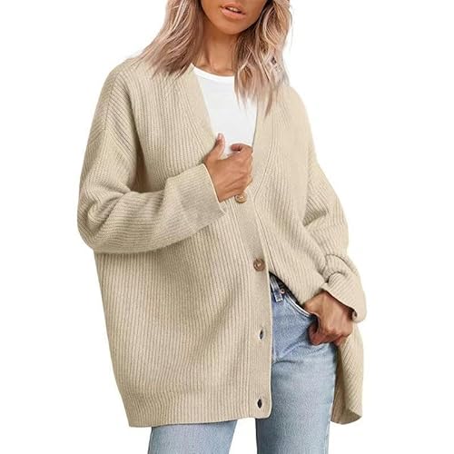 Damen Pullover Frauen V-Ausschnitt Slim Strick-Strickjacke Herbst Casual Women's Temperament Pullover Jacke Top-Aprikose-M von CLXLYU