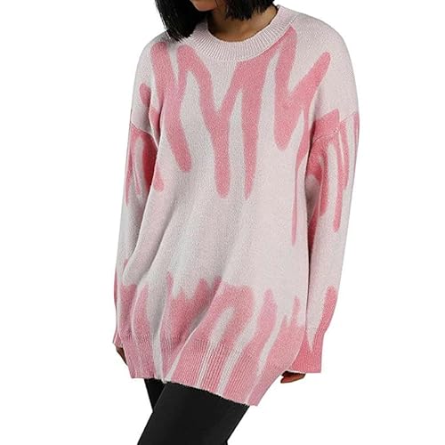 Damen Pullover Herbst Und Winter Von Frauen, Lose Gestreifte Gedruckte Pullover -Frauen Runde Nackenpullover Top-Rosa-Durchschnittlicher Code von CLXLYU