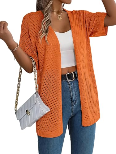 Damen Strickjacke Casual Solid Color Kurzärmel Hoöfes Strick -Strickjacken Für Frauen Einzigartige Und Modische Strickjacke-Orange-L von CLXLYU