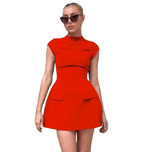 Damenkleid Mode A-Line Kleid Frauen Sommer Kurzarm Schlanke Mini Kleider Casual Streetwear-Rot-L von CLXLYU