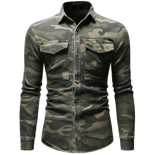 Hemd Mit Knöpfen Herren -Denim -Hemden Weiche Revers -Tarn -Hemdjacke Schlanker Outdoor -Kletter -Cowboy -Tops-Camo Longärmel-XL von CLXLYU