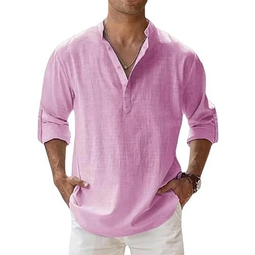 Hemd Mit Knöpfen Herren-Leinen Langarm T-Shirts Atmungsaktives Hemd Solid Color Casual Basic Leinenhemd Tops-Rosa-Asiatische Größe 4XL von CLXLYU