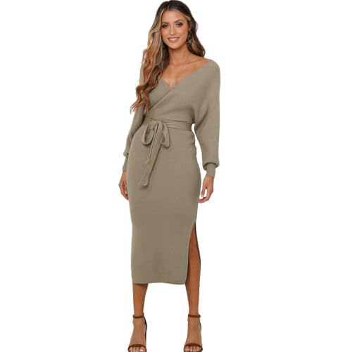 Strickkleid Fashion Casual Herbst Und Winter Damen Strickkleid Slim Fit V-Ausschnitt Pullover Kleid-Khaki-S/M von CLXLYU