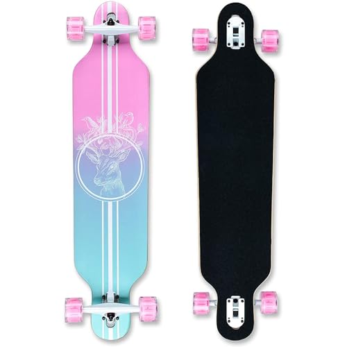 Longboard Skateboard für Jungen Mädchen Anfänger Erwachsener Teenager,Cruiser komplettes Board 8-lagiger Ahorn Longboard Bürste Street Dance Board mit T-Tool (PINK-Deer) von CLYCTIP