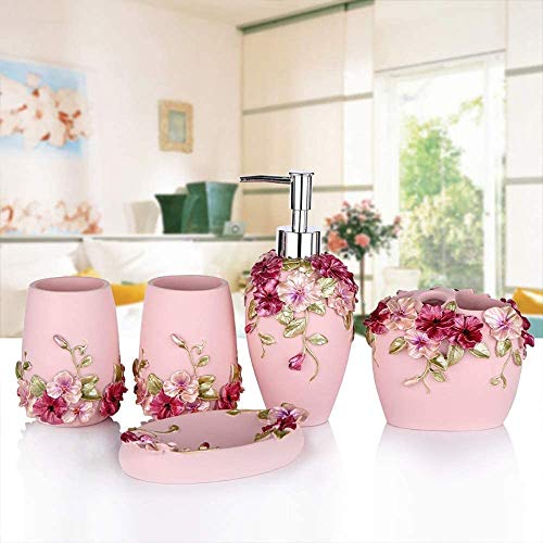 CMBSSTBB 5-teiliges Badzubehör-Set aus 3D-Blumenharz, inklusive Seifenspender/Zahnpasta/Glas/Seifenspender für modernes Badezimmer, Pink von CMBSSTBB