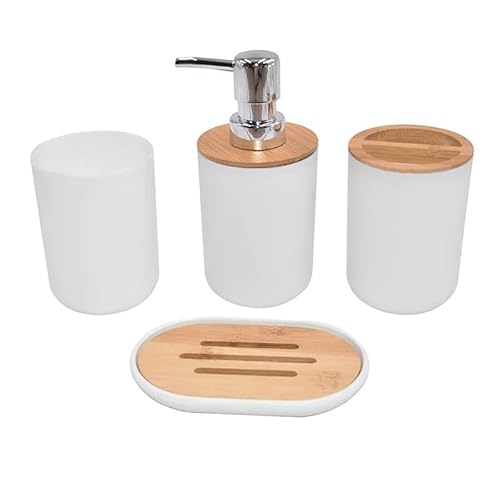 CMBSSTBB Badezimmer-Seifenspender-Set, Bambus-Badezimmer-Zubehör-Set, Kunststoff-Badezimmer-Set, Seifenspender, Zahnbürstenbecher, Seifenschale, Toilettenbürstenhalter, Mülleimer (Farbe: Weiß 4 Stück von CMBSSTBB