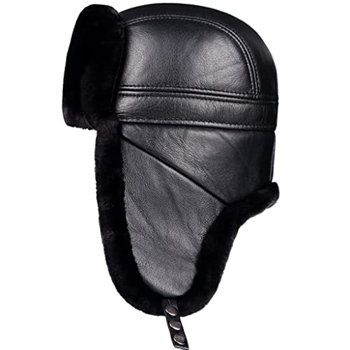 CMBSSTBB Fliegermütze, Pilotenmütze, Leder, Winterbomber, russischer Flieger Trooper, Trapper, Uschanka-Mütze für Herren und Damen, Schwarz, 60–61 cm von CMBSSTBB