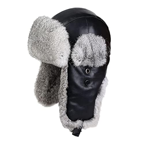 CMBSSTBB Fliegermütze aus Leder, russischer Uschanka-Eskimo-Bomberhut mit Ohrenklappen für Damen und Herren, Schwarz – 58 cm von CMBSSTBB