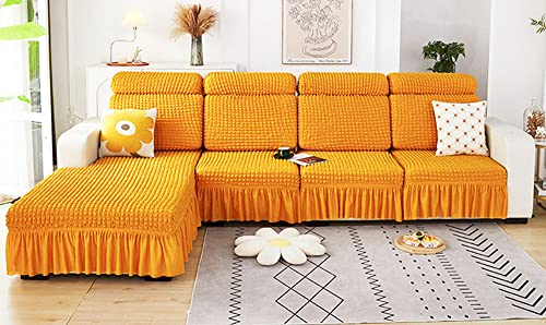 CMBSSTBB Hochelastischer Sofabezug, Seersucker-Stretch-Couch-Kissenbezug, waschbarer Sofa-Sitzbezug mit Rock für Stuhl, Loveseat-Sofakissen, Möbelschutz, Gelb, L-Rückenlehne von CMBSSTBB