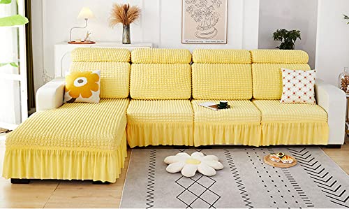 CMBSSTBB Hochelastischer Sofabezug, Seersucker-Stretch-Couch-Kissenbezug, waschbarer Sofa-Sitzbezug mit Rock für Stuhl, Loveseat-Sofakissen, Möbelschutz – Gold-Chaise von CMBSSTBB