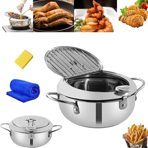 CMBSSTBB Japanischer Fritteusentopf, Tempura-Fritteuse, japanische Fritteuse mit Temperaturanzeige, Edelstahl-Fritteuse mit Thermometer und Ölabtropfgestell (28 cm) von CMBSSTBB