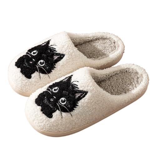 CMBSSTBB Niedliche kleine Schwarze Katze, Damen-Hausschuhe, Winter, für den Innenbereich, weiche Sohle, Exquisite Mädchen-Hausschuhe, Schlafzimmer, rutschfeste Baumwollschuhe (37–38) von CMBSSTBB