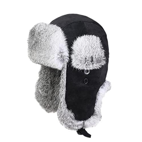 CMBSSTBB Winter-Trapper-Mütze für Männer und Frauen, Schwarze Uschanka, russische Mütze, Bombermütze, Kunstpelzmütze mit Ohrenklappe, Schwarz – 58 cm von CMBSSTBB