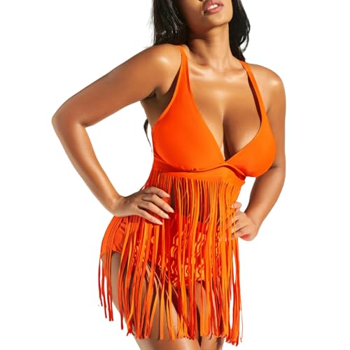 CMJSGG Bikini Damen Set Solide Gegen Nackenschnüre Badebekleidung Frauen High Taille Bikini Push Up Badeanzug Sommerbadeanzug-orange-XL von CMJSGG