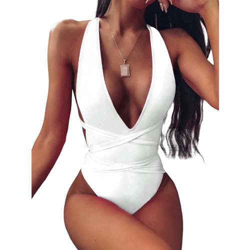 CMJSGG Bikini Damen Set Solide One -stück Badeanzug Frauen Drücken Schnürband Bodysuit Deep V Hals Rückenfreier Badeanzug Badebekleidung-weiß-l von CMJSGG